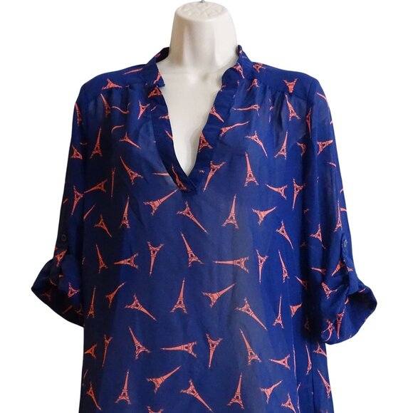 Rue21 Eiffel Tower Print Sheer Blouse Women Size M Blue Coral Roll Tab Sleeve - Picture 2 of 11